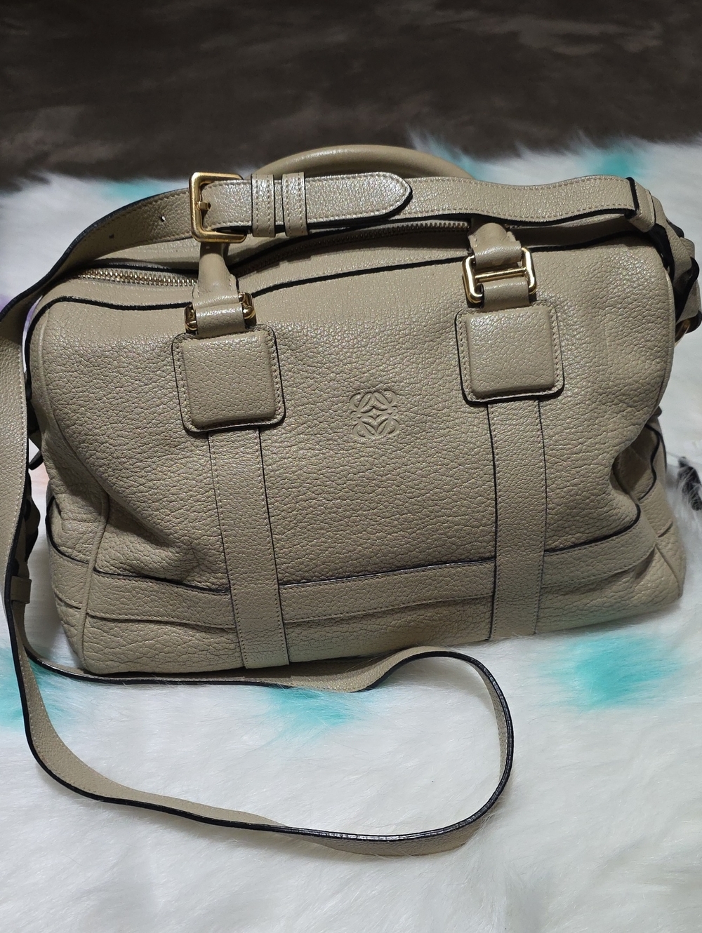 Authentic LOEWE Leather Satchel with Embossed Logo - Nude /Beige Color